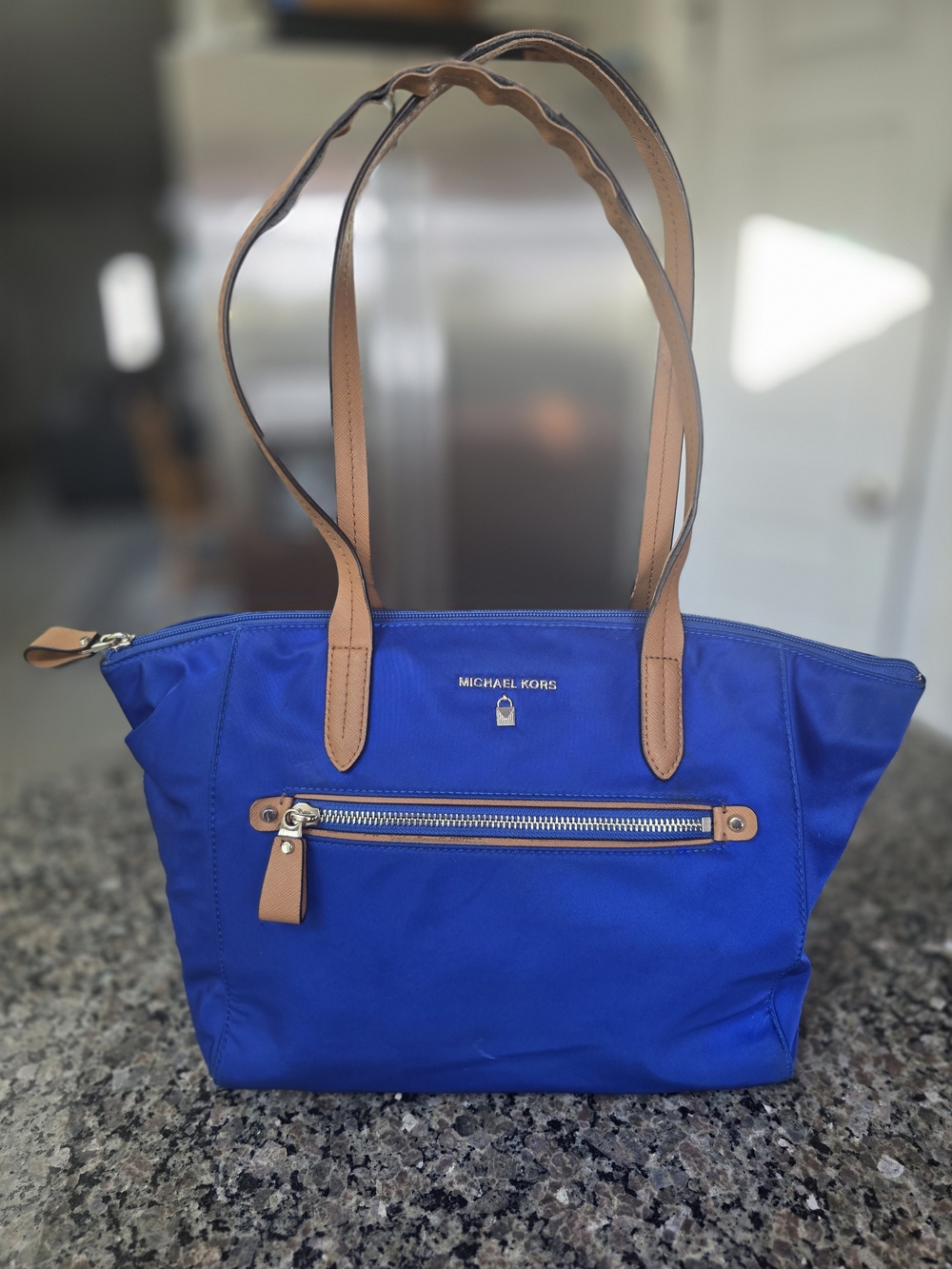 Michael Kors Royal Blue Nylon Tote with Tan Leather Trim